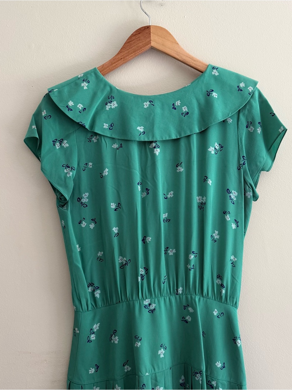 Vintage Silk Teal Floral Midi Pleated Dress with Peter Pan Collar - Picture 2 of 8